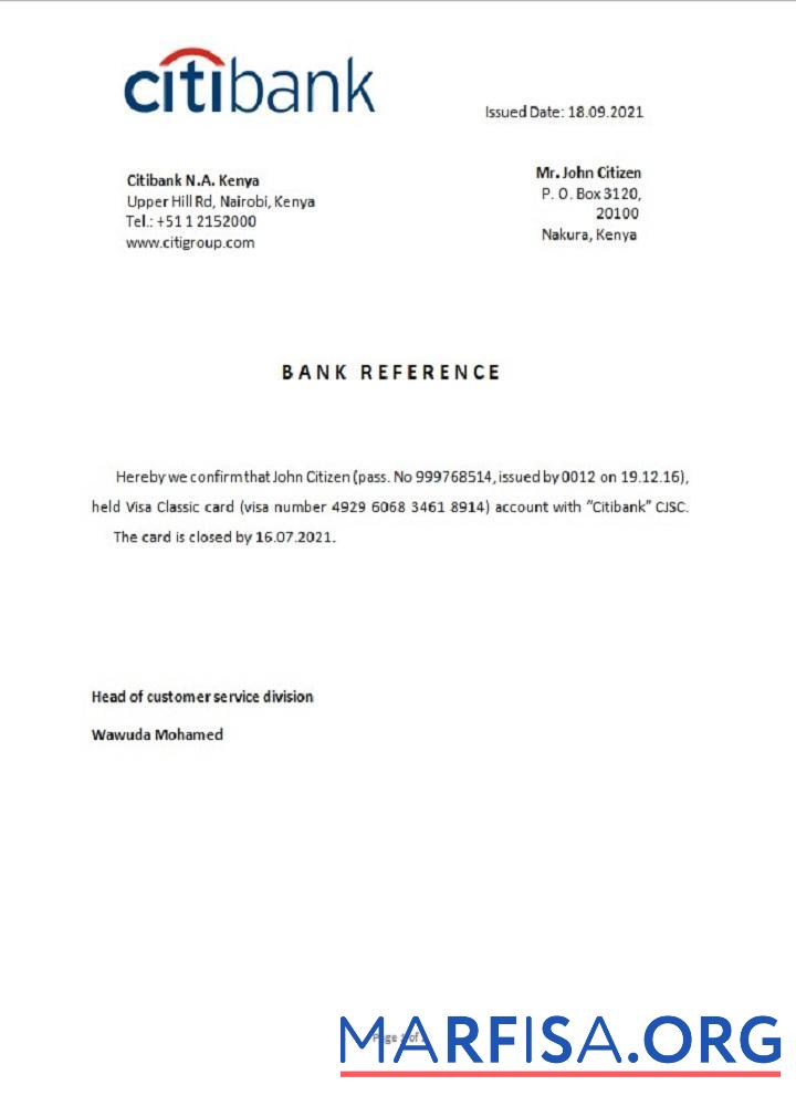 Printable Kenya Citibank closure reference real example